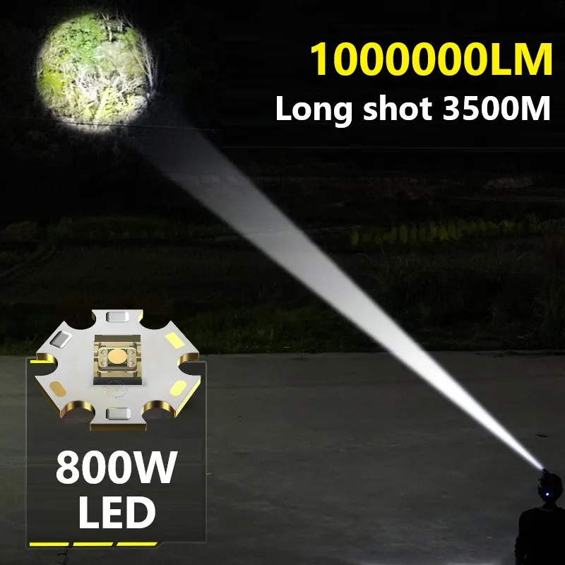 Potente linterna frontal LED de largo alcance de 1000000LM, linterna frontal de 800W, Linterna recargable con USB, lámpara frontal de alta potencia