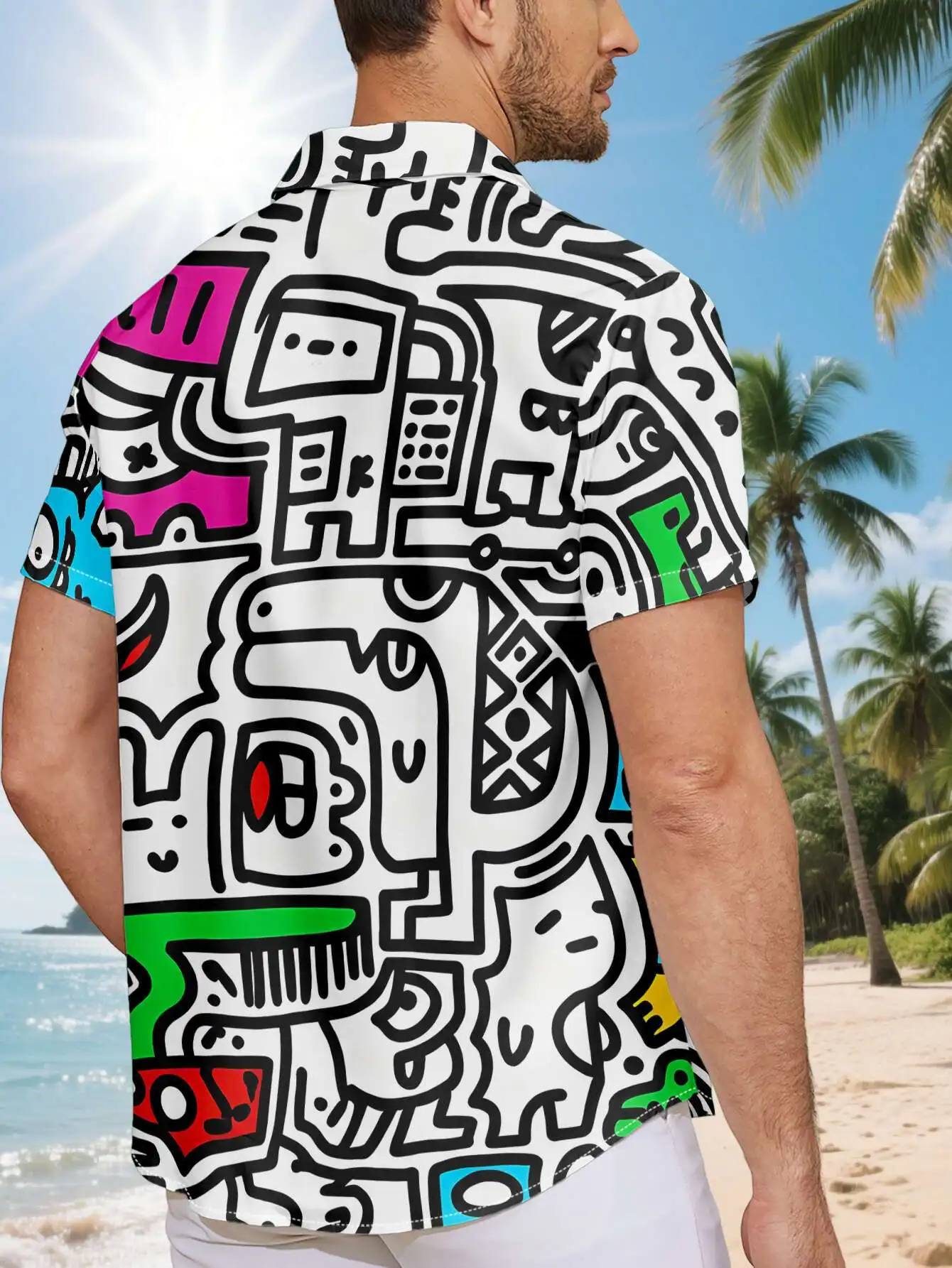 Men's Hawaiian Short Sleeve Shirt Vintage Colorful Graffiti Doodle Print Turn Down Collar Casual Beach Holiday Top Mens Clothing