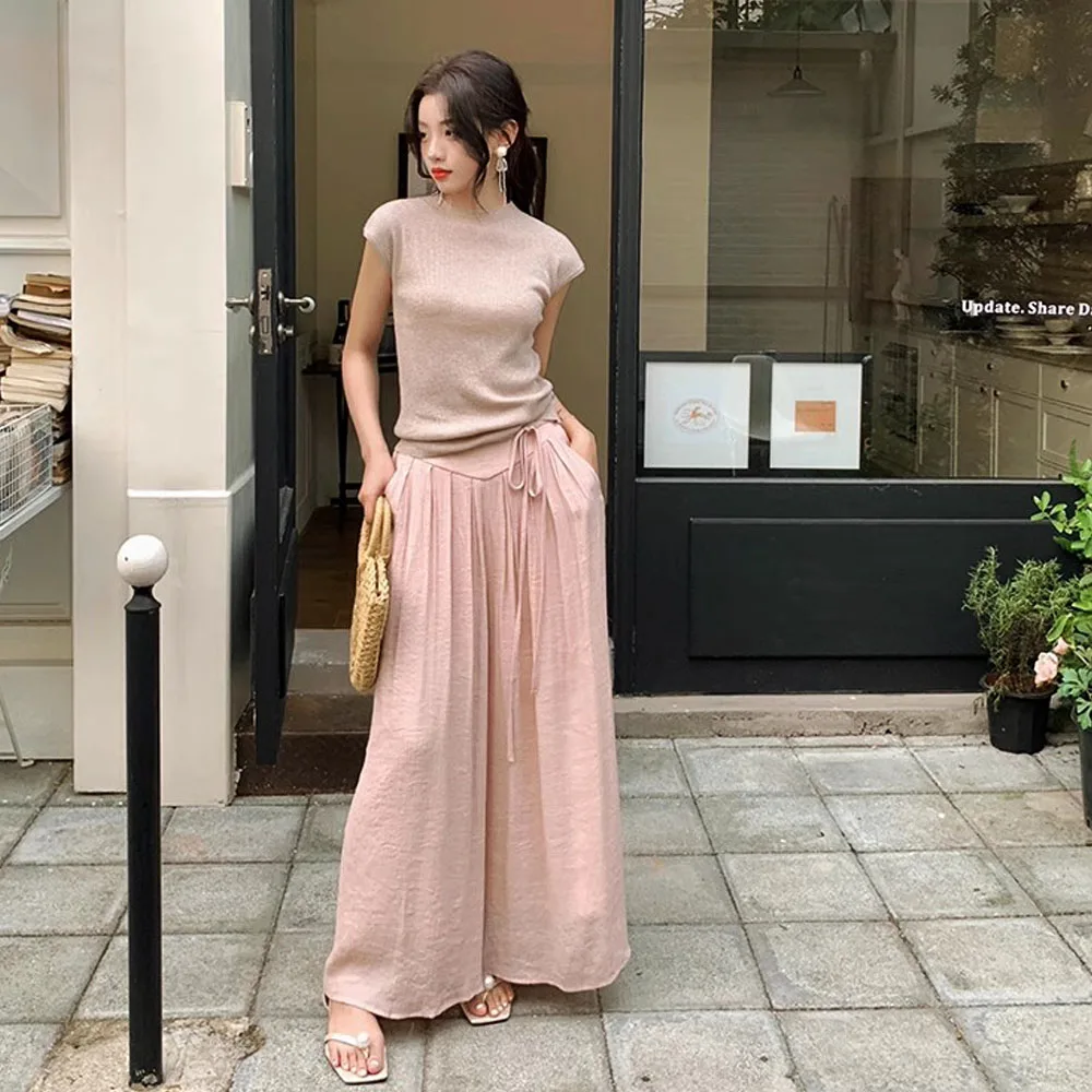 Women\'s Y2K Clothes Luxury Vintage Pink Cotton Line Wide Leg Skirt Pants Baggy Trousers Summer Korean Style Women Clothes 2023