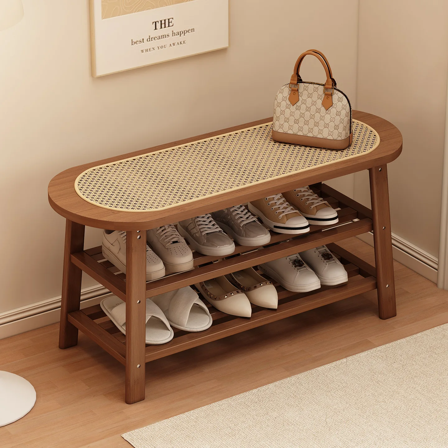 

Скамейка для обуви из цельного дерева для прихожей с многофункциональным табуретом из ротанга для хранения, крючки для пальто для гостиной, современная стойка для обуви в фермерском доме