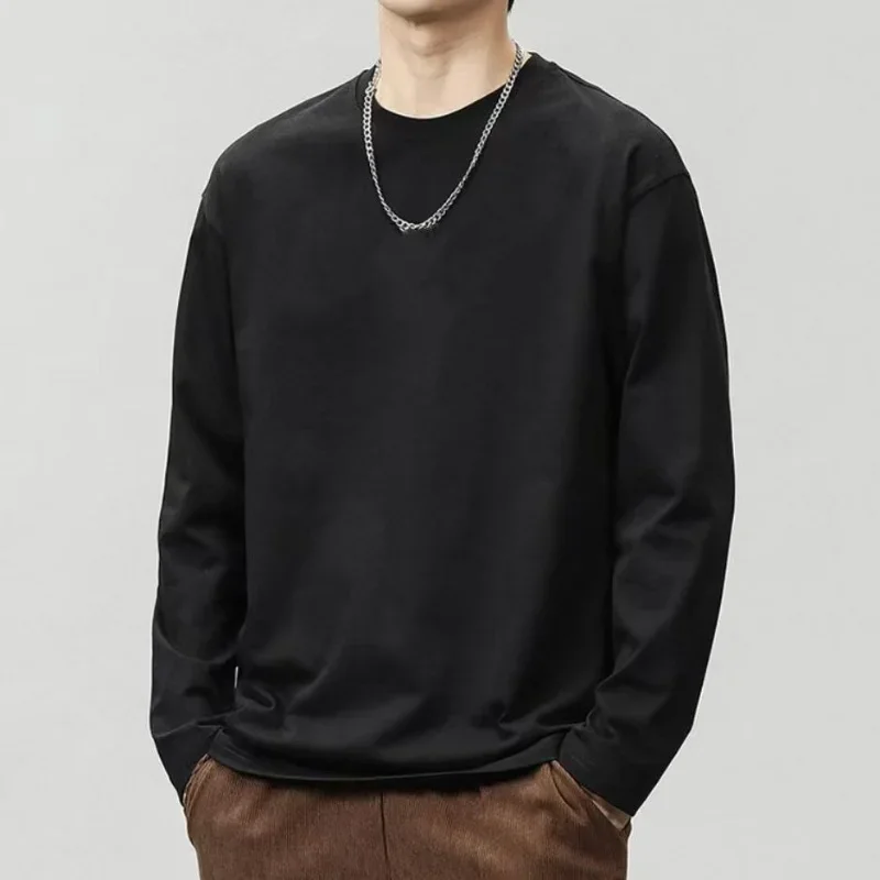 Novo em torno do pescoço manga longa penteado algodão camiseta cor sólida na moda respirável antibacteriano secagem rápida para homem e mulher