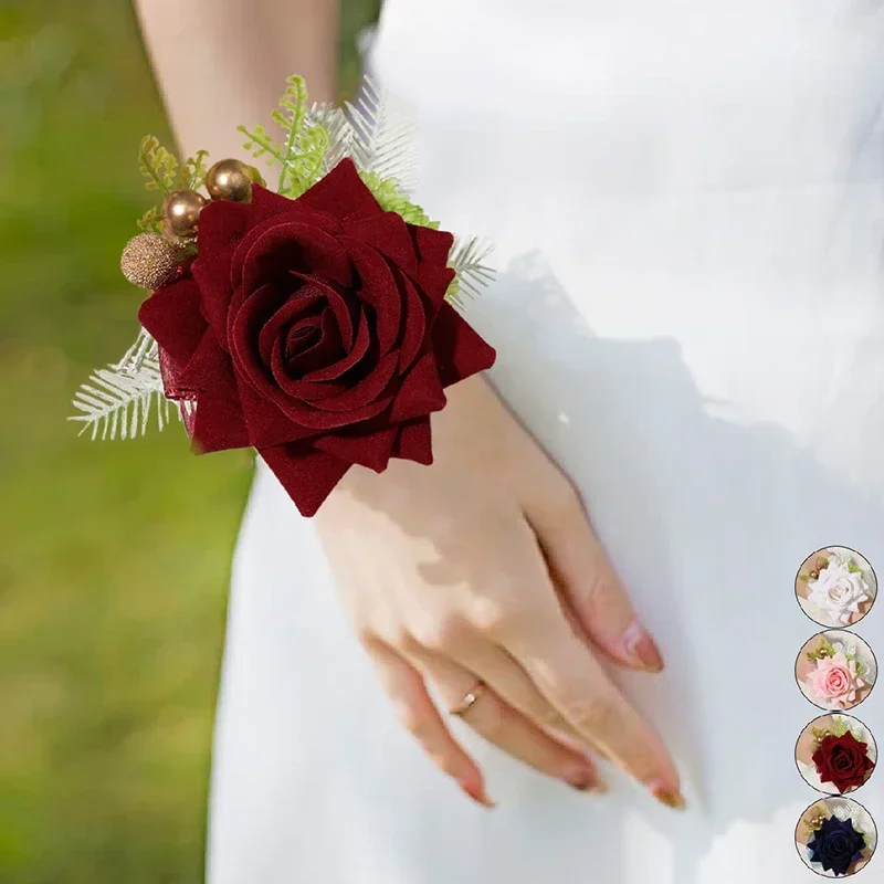 1PC Velvet Rose ข้อมือ Corsages สําหรับงานแต่งงาน,corsages สําหรับพรหมเพื่อนเจ้าสาว Corsage แม่เจ้าสาวและเจ้าบ่าวพรหมดอกไม้นาฬิกาข้อมือ