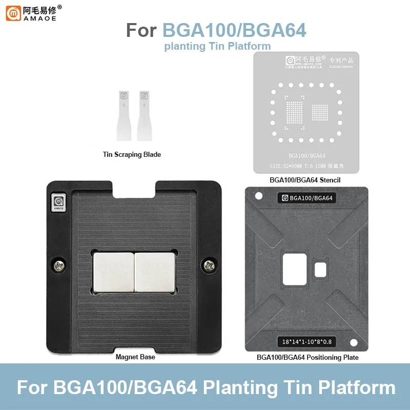 Magnetic Plantando Plataforma de Estanho com Placa de Posição Universal Bga Reballing Stencil Grupo 52×60 mm 0.15 mm Amaoe-bga100-bga64