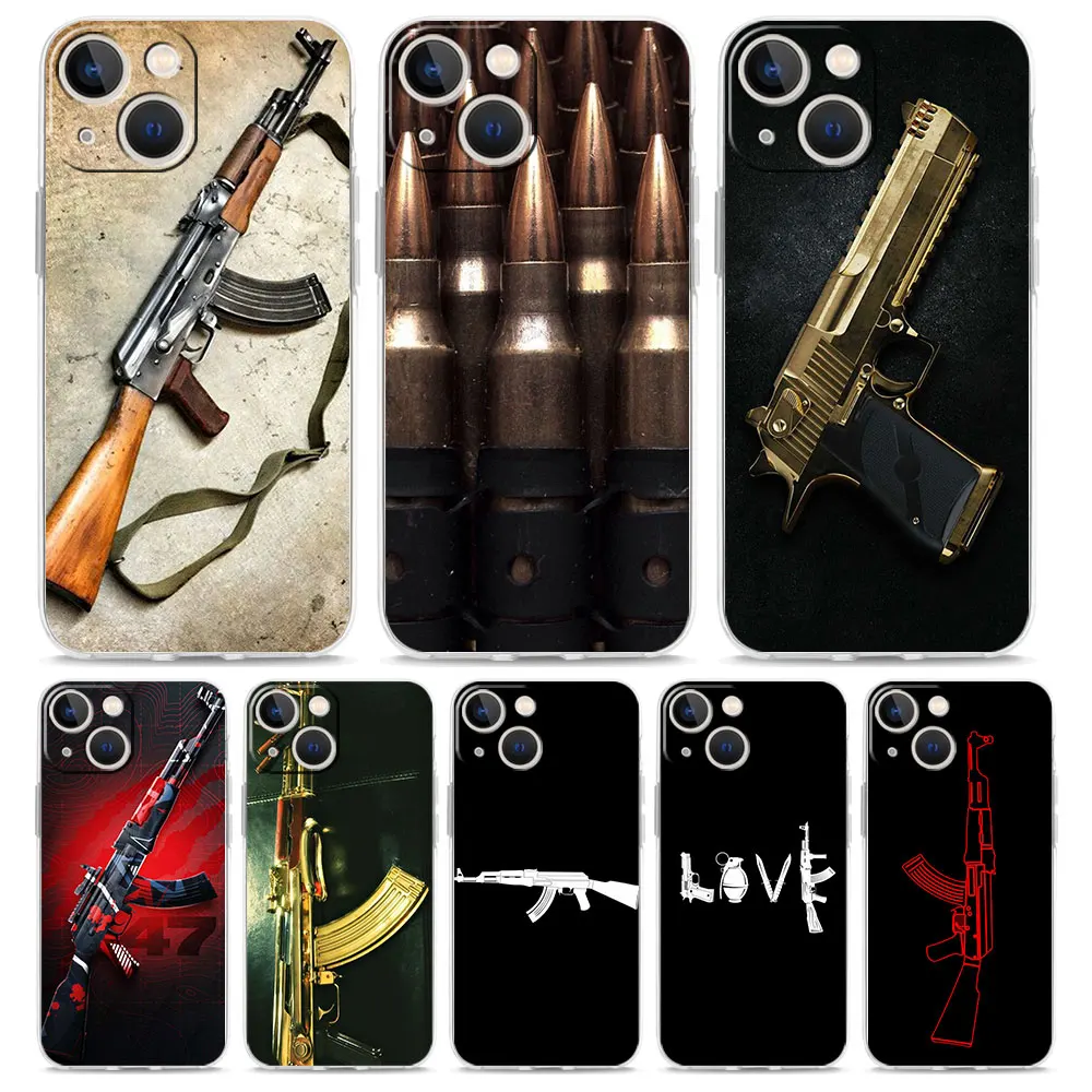 

AK47 Handgun Gun BUllets Transparent Phone Case For iPhone 15 14 13 12 11 Pro Max XS X XR SE 7 8 Plus Clear Lens Protect Cover