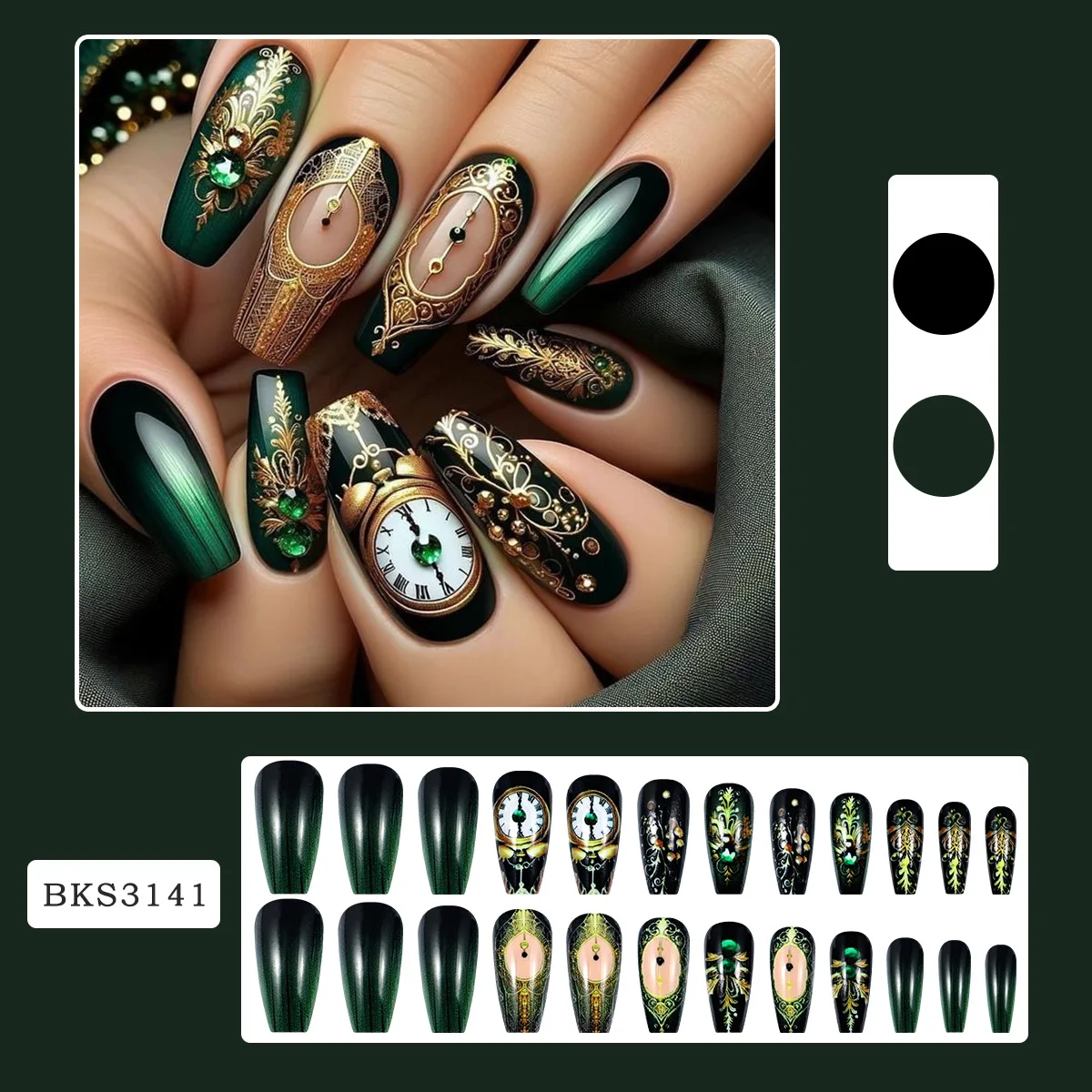 Coffin Press on Nails Black Clock Long Coffin False Nails Fake Nail with Clock Rhinestone Wearable Ballet Press on Nails Set