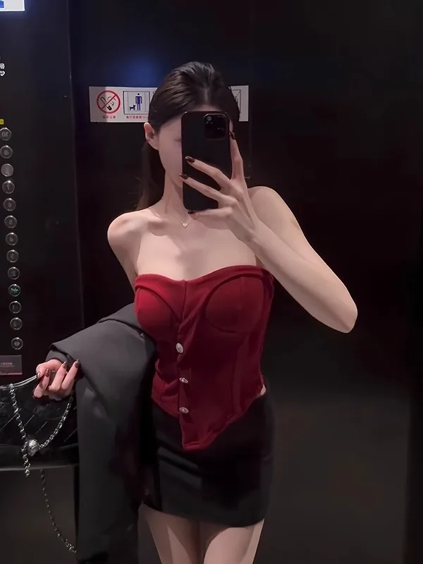 Top Sem Mangas Vermelho para Mulheres, Estilo Coreano, Ajuste Slim, Efeito Emaecido, Cor Pura