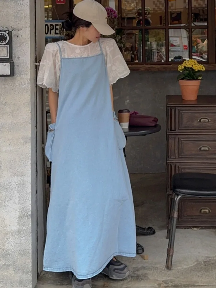 Estate New Sle Denim da donna Off-oulder Dr con Big Kets Gonna lunga a trapezio Retro Stratificazione Pendolarismo Vento Midi Dr