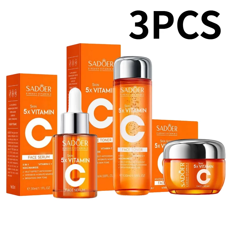 Conjunto de Cuidados com a Pele com 5x Vitamina C, Sérum, Creme e Tônico Hidratante, Clareador, Firmador e Anti-Rugas, Cuidados com a Pele Coreanos pa