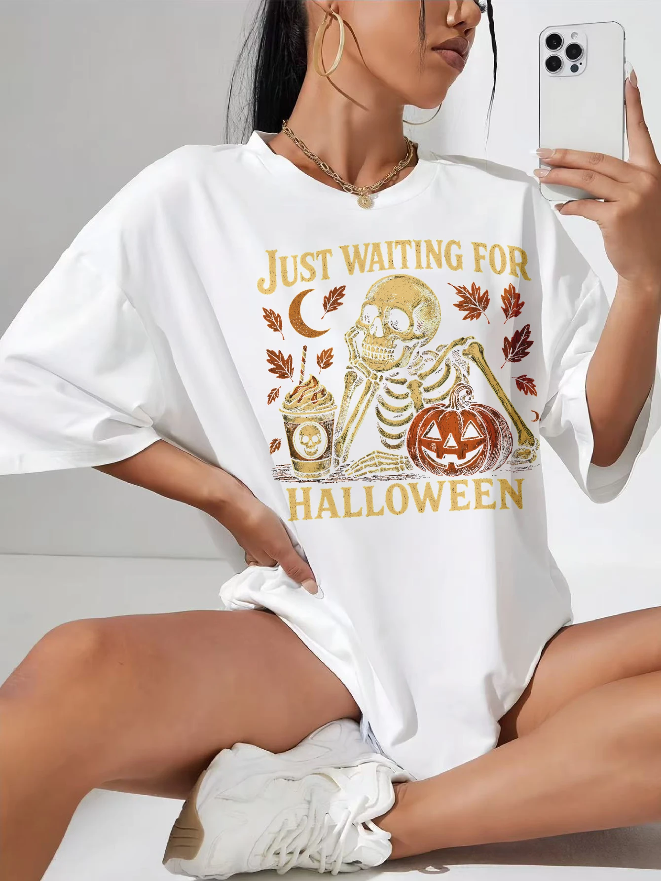 

Just Waiting for Halloween Png Oversized white round neck tee for pregnant women breathable cotton lounge staple