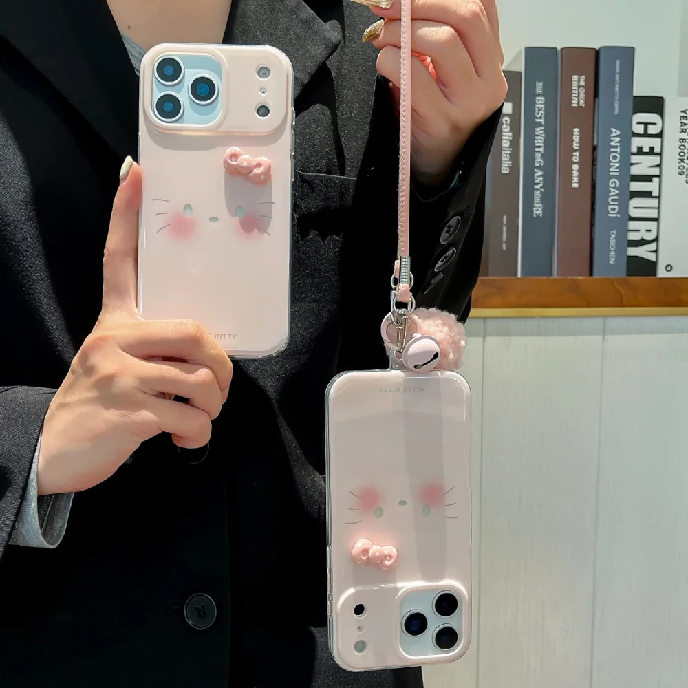 เคสโทรศัพท์ลายเฮลโลคิตตี้ 3 มิติ สีชมพู สำหรับ iPhone 16 17 ProMax 15 14 13 Pro Max ของขวัญสำหรับสาวๆ พร้อมสายคล้อง