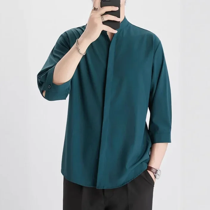 Chinese New Fashion Men's Solid Color Casual Trendy Solid Color Loose Stand Collar Three Quater Sleeve Shirts Male Clothes Tops