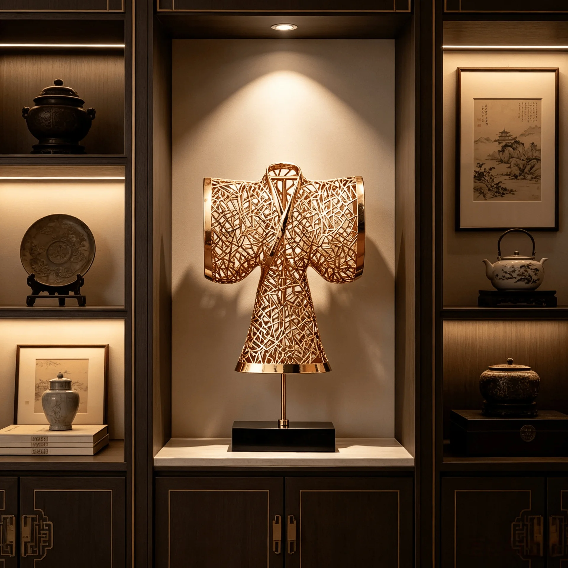 DSA New Chinese Style Light Luxury Metal Hollow Robe for Living Room and Entryway Soft Furnishings, Study Room and Tea Room
