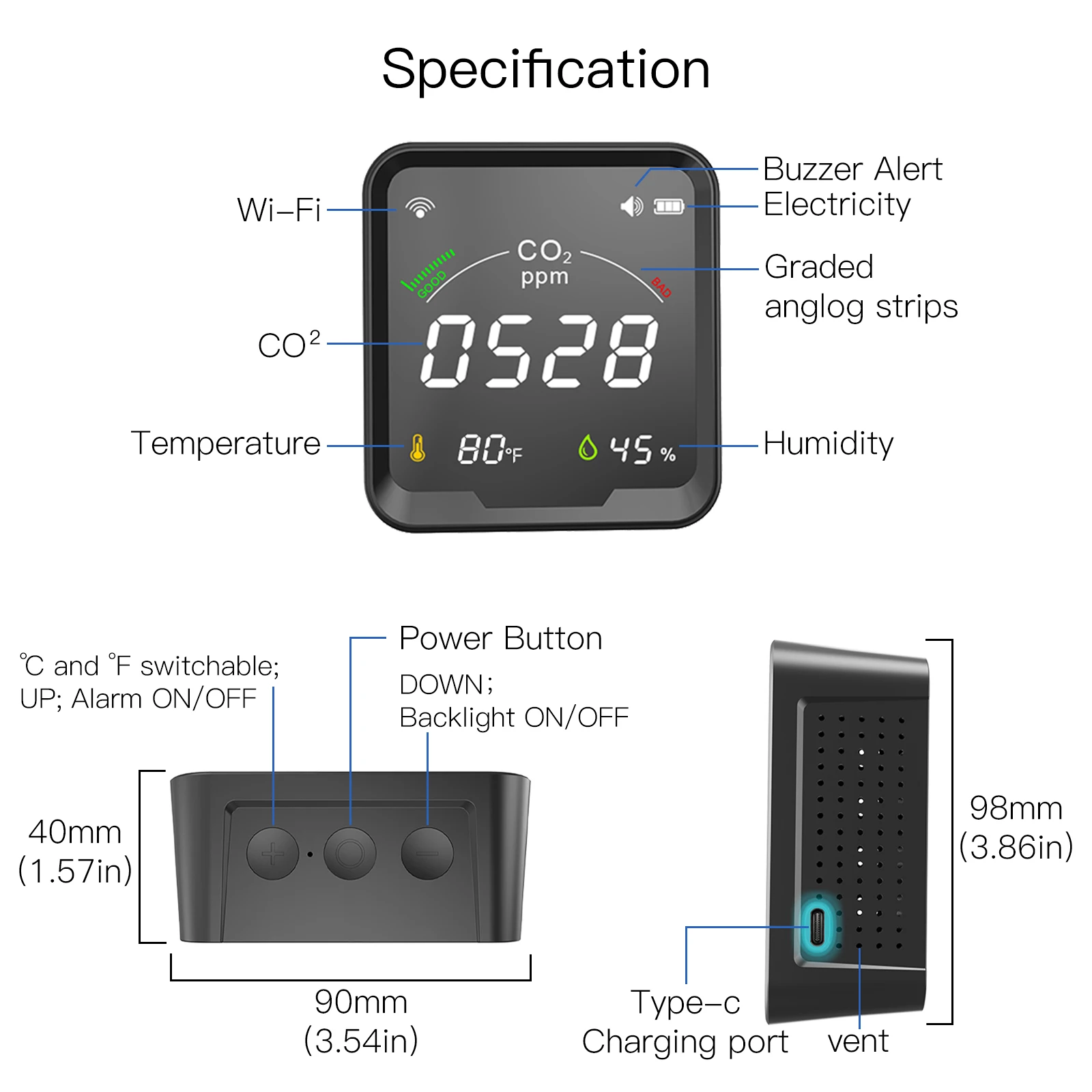 Rilevatore di anidride carbonica di qualità dell'aria MOES con sveglia, Monitor della temperatura, Tester dell'aria dell'umidità, WiFi/BT,Tuya Smart,3 in 1,CO2