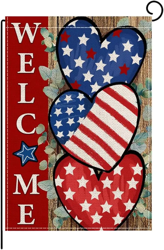 wyooxoo 4th of July Patriotic Welcome Garden Flag 12x18 Inch Double Sided Vertical USA Flag Hearts Blue Red Memorial Day Ind llz