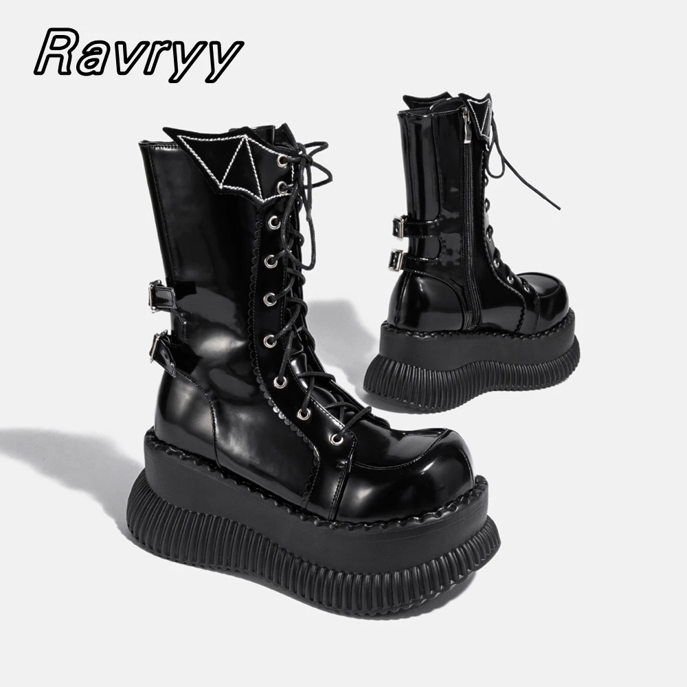 

Retro Punk Style Tank Bottom Mid Calf Motorcycle Boots Black Metal Belt Buckle Cool Girl Shoes Round Toe Glossy Sexy Women Boots