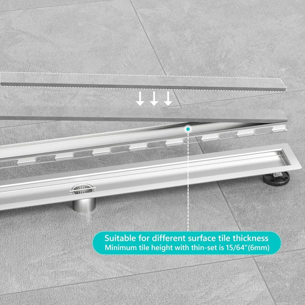استنزاف دش خطي مقاس 24 بوصة مع غطاء شبكي لإدخال البلاط، استنزاف خطي من الفولاذ المقاوم للصدأ المصقول للحمامات الحديثة
