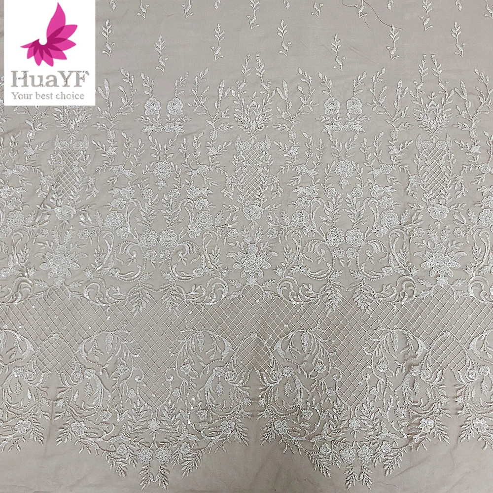 New design high quality white color beaded embroidery mesh bridal lace fabric HY3017