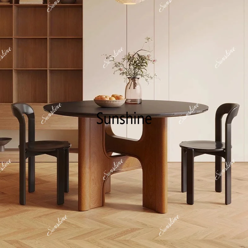 Medieval solid wood round dining table, round rock slab dining table