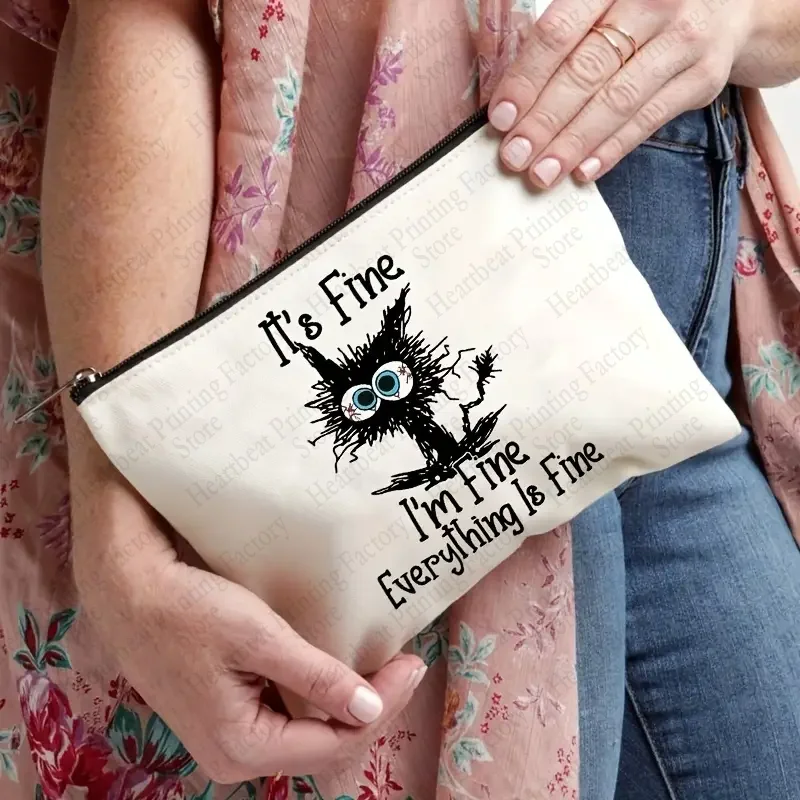 Im Fine Everything Is Fine Pattern Cosmetic Bag Funny Cat Toiletry Bag Portable Travel Storage Bag Perfect Gift for Cat Lovers