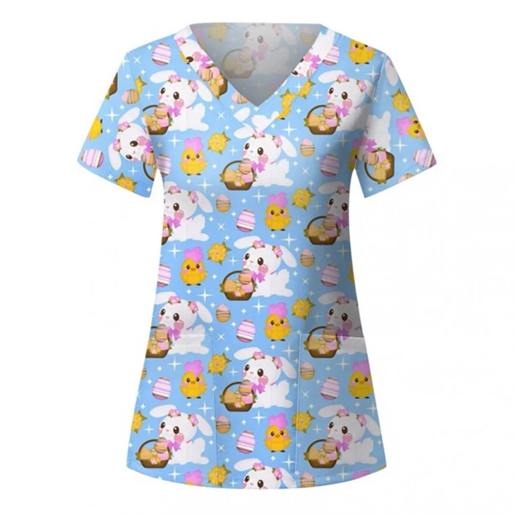 Clinical Uniform Woman Cute Bunny Print Summer Women's Medical Scrub V Neck Short Sleeve Top Dental Veterinary Medical Uniforms