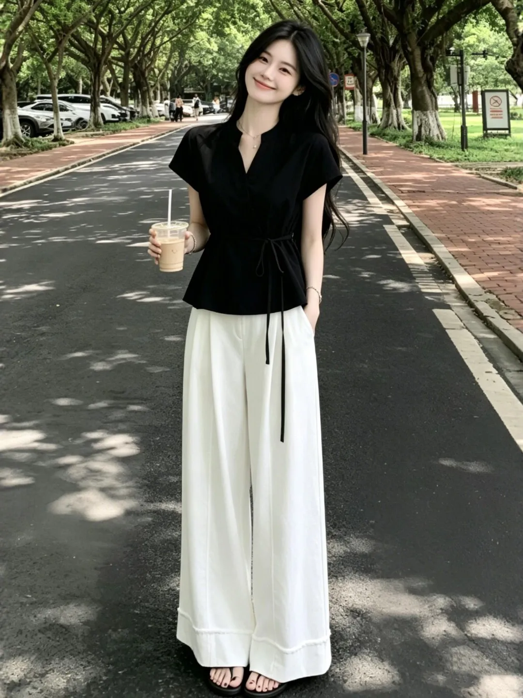

Unique Korean Style Black Top And Casual Pants Set Elegant Two-Piece Summer Outfit Comfortable Breathable Cotton Blend