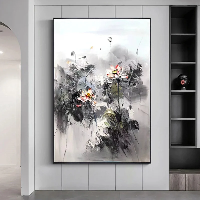 

Handmade Oil Painting, Chinese Style, Modern Home Decorative Painting, Simple Vertical Black White Gray Mural, Lotus Painting