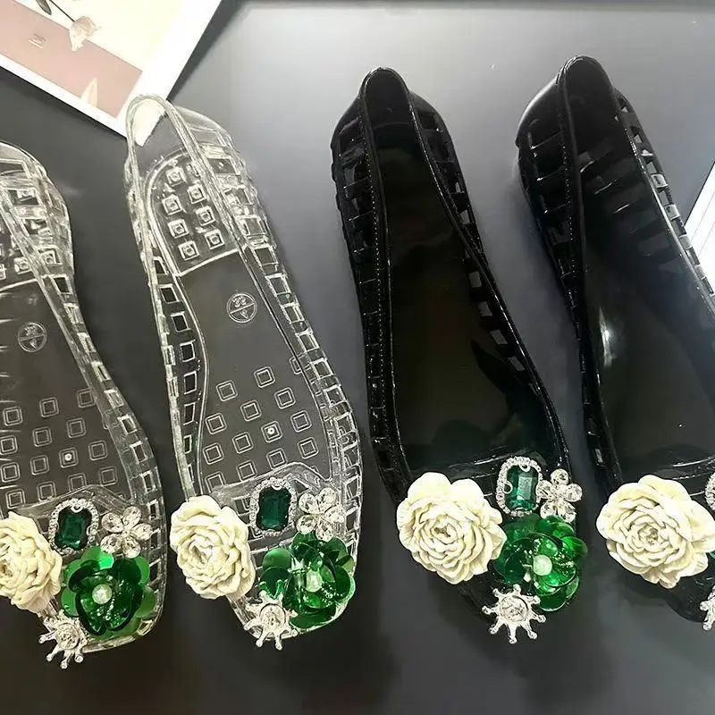 Super popular transparent jelly shoes crystal lazy shoes retro holey shoes shallow toe DIY square-toe fashionable women's shoes