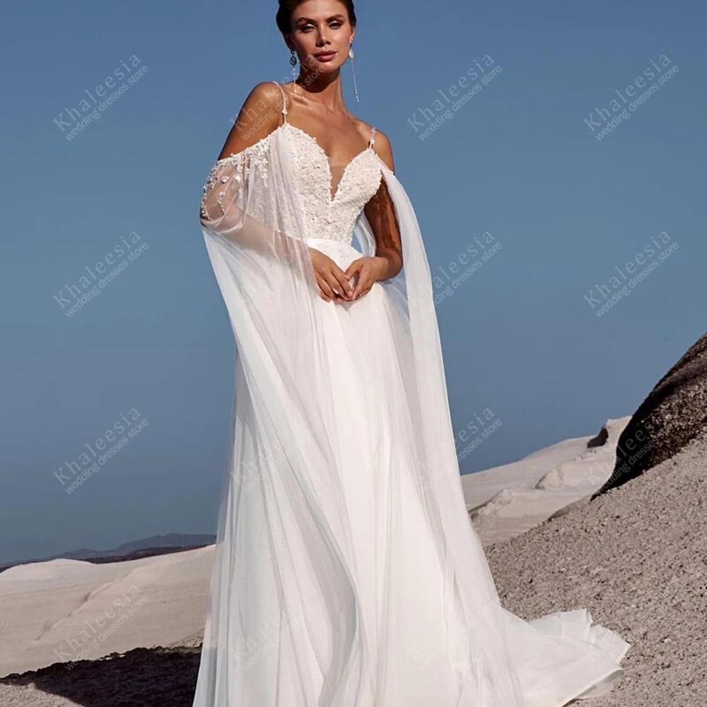 

Изящные свадебные платья Элегантные свадебные платья Кружевные аппликации на тонких бретельках с расклешенными рукавами Vestidos De Novia по индивидуальному заказу 2025