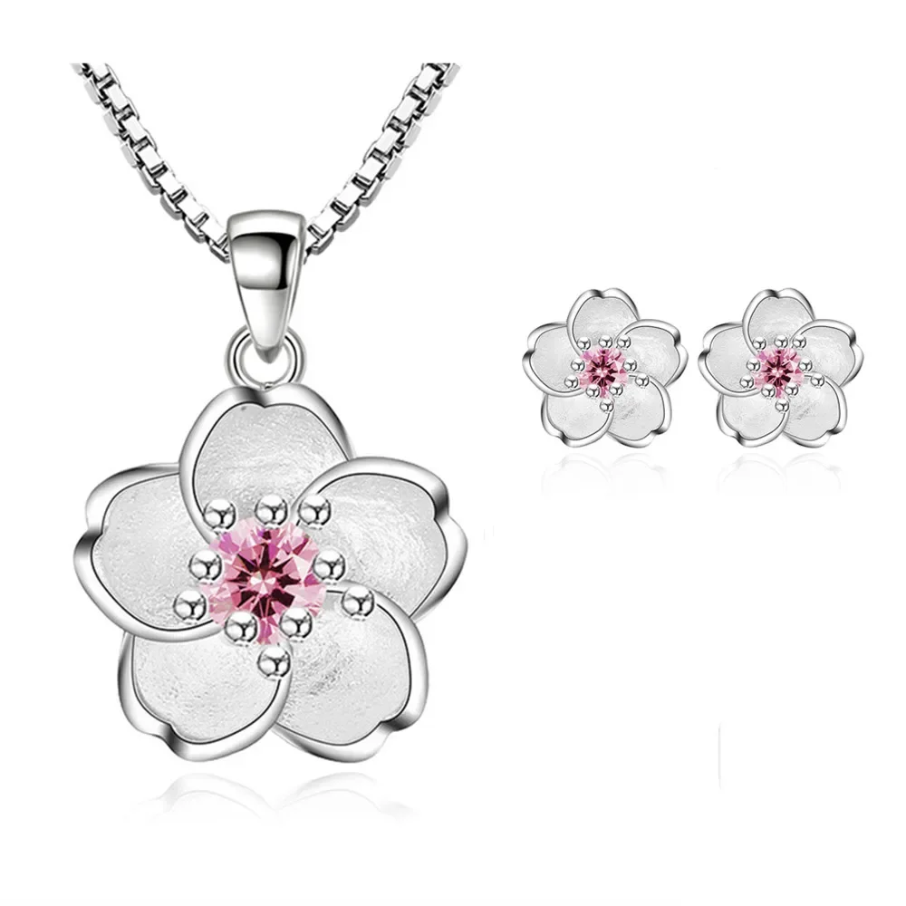 925 Sterling Silber Sakura Delphin Zirkon elegante Schmuck Set Damen Ohrringe Halskette hochwertigen Schmuck