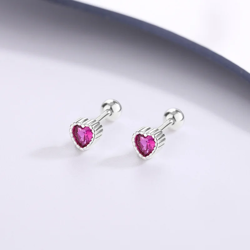 

925 Sterling Silver Red Heart Zircon Small Stud Earrings For Women Piercing Fine Jewelry Wholesale Best Selling