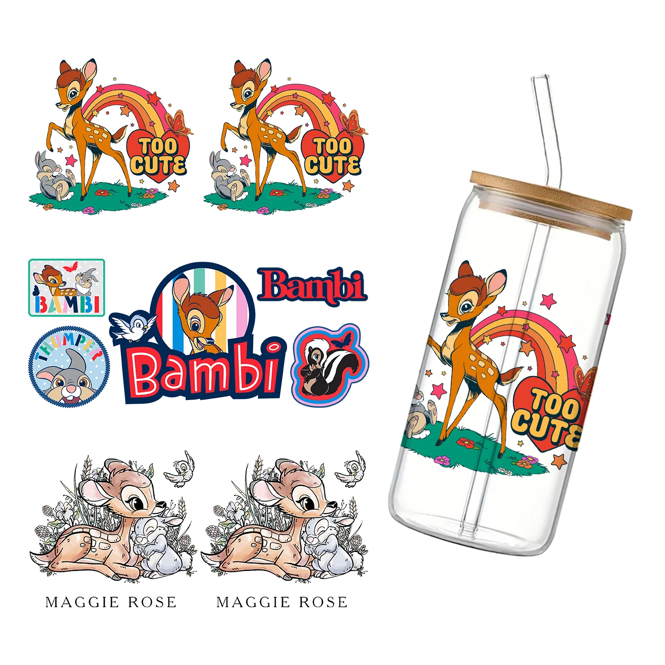 بامبي 11x24 سنتيمتر الكرتون ديزني كأس التفاف ملصق 16 أوقية UV DTF ملصق مضاد للمياه يمكن Libbey الزجاج التفاف ل هدية حفلة