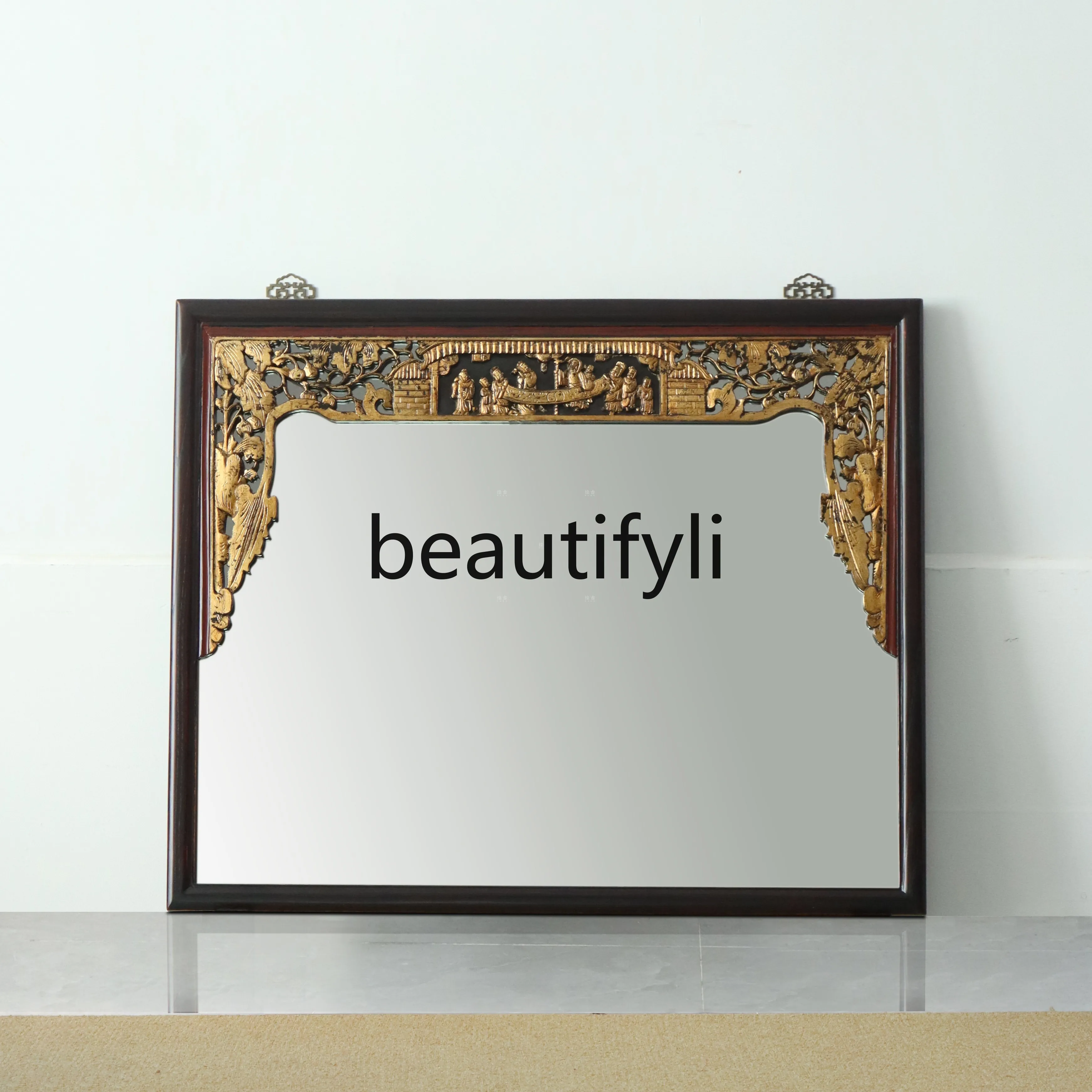 

New Chinese Style Solid Wood Carved Mirror Classical Gold-Embossed Figure Decoration Retro Bathroom Furniture