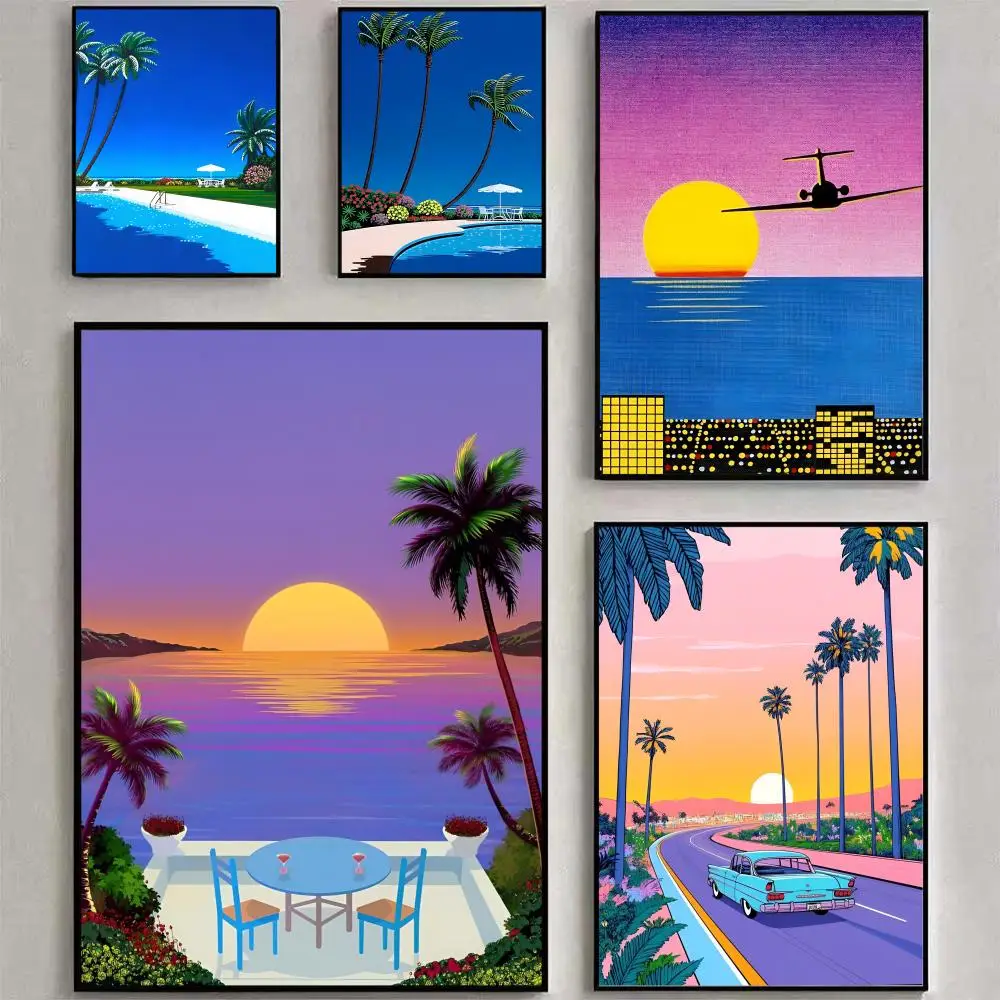 Hiroshi Nagai Vaporwave Japan Beach Poster Poster Waterproof HD Wall Art Decal Self-Adhesive Aesthetic Decor For Home Living