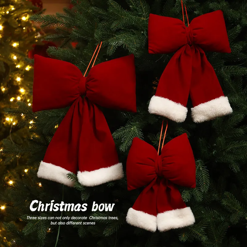 Red Flannel Bow Ornaments Multiple Sizes Large Medium Small Christmas Tree Pendants For Home Holiday Scene Arrangement