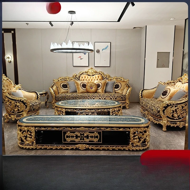 

Французский диван для гостиной, с каркасом из массива дерева с резьбой и золотой фольгой, роскошный диван для гостей в стиле виллы, обтянутый роскошной тканью.
