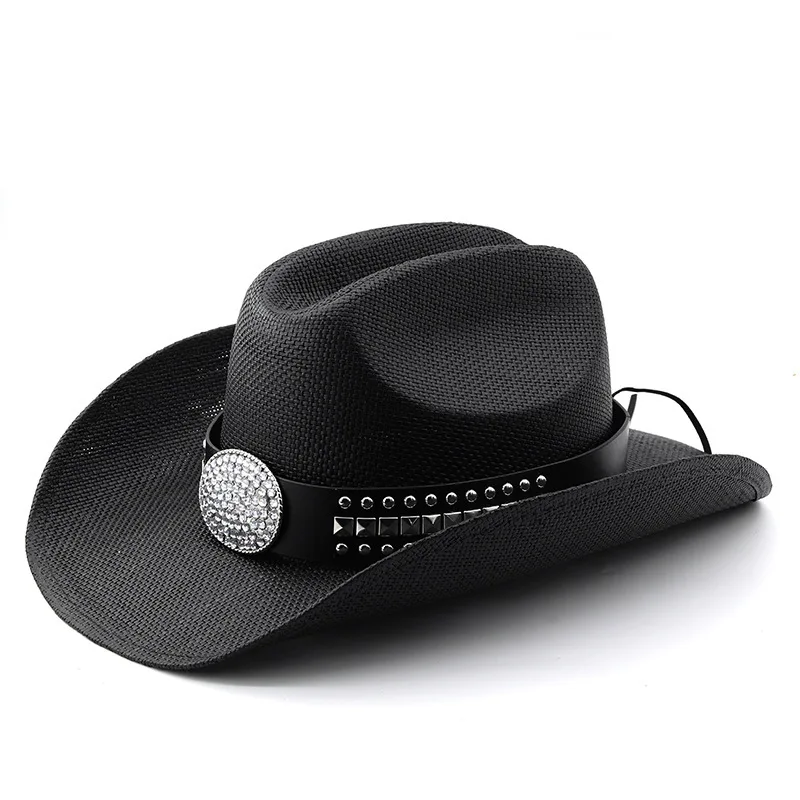 Punk Style Rivet Belt For Women And Men, Summer With Rolled Brim, Western Cowboy Straw Hat, Sun Hat