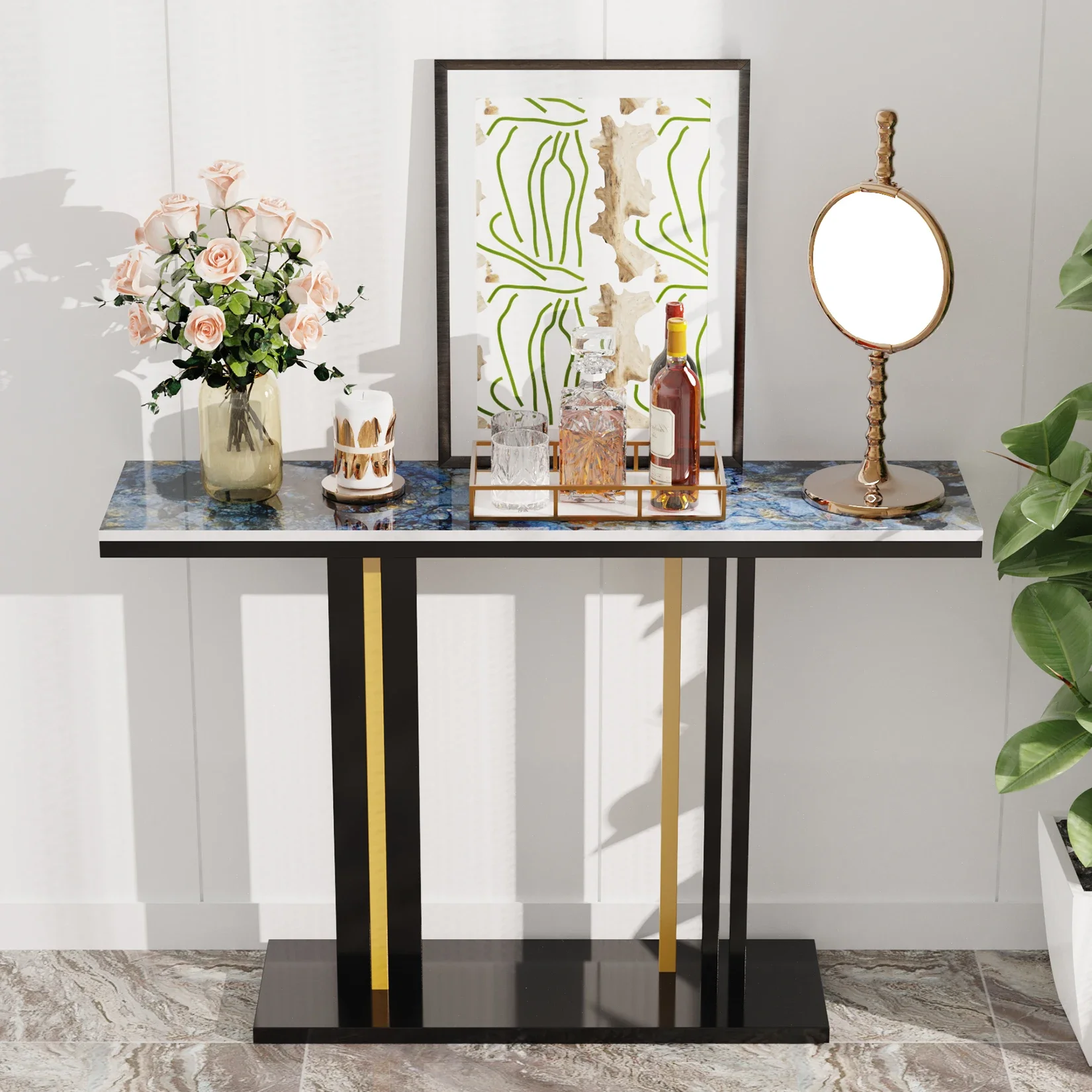 Contemporary Style Console Table with Stone Top and Pedestal Base for Hall Marble Slate Narrow Table Against The Wall Porch