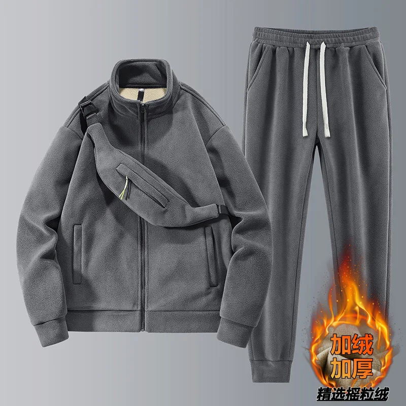 Men's Polar Fleece Set With Shoulder Bag, Winter Thermal Stand Collar Jogger Tracksuit Men, Oversized Matching-two-piece Sets