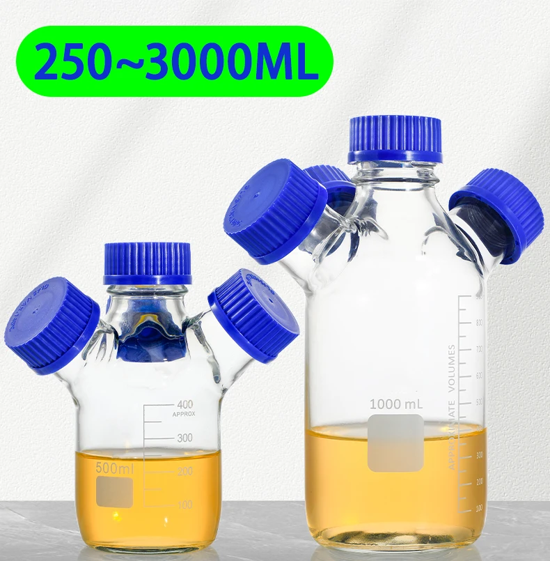 Four-hole mobile phase liquid reaction bottle GL45 screw feed bottle high borosilicate glass blue cap 250/500/1000/2000/3000ml