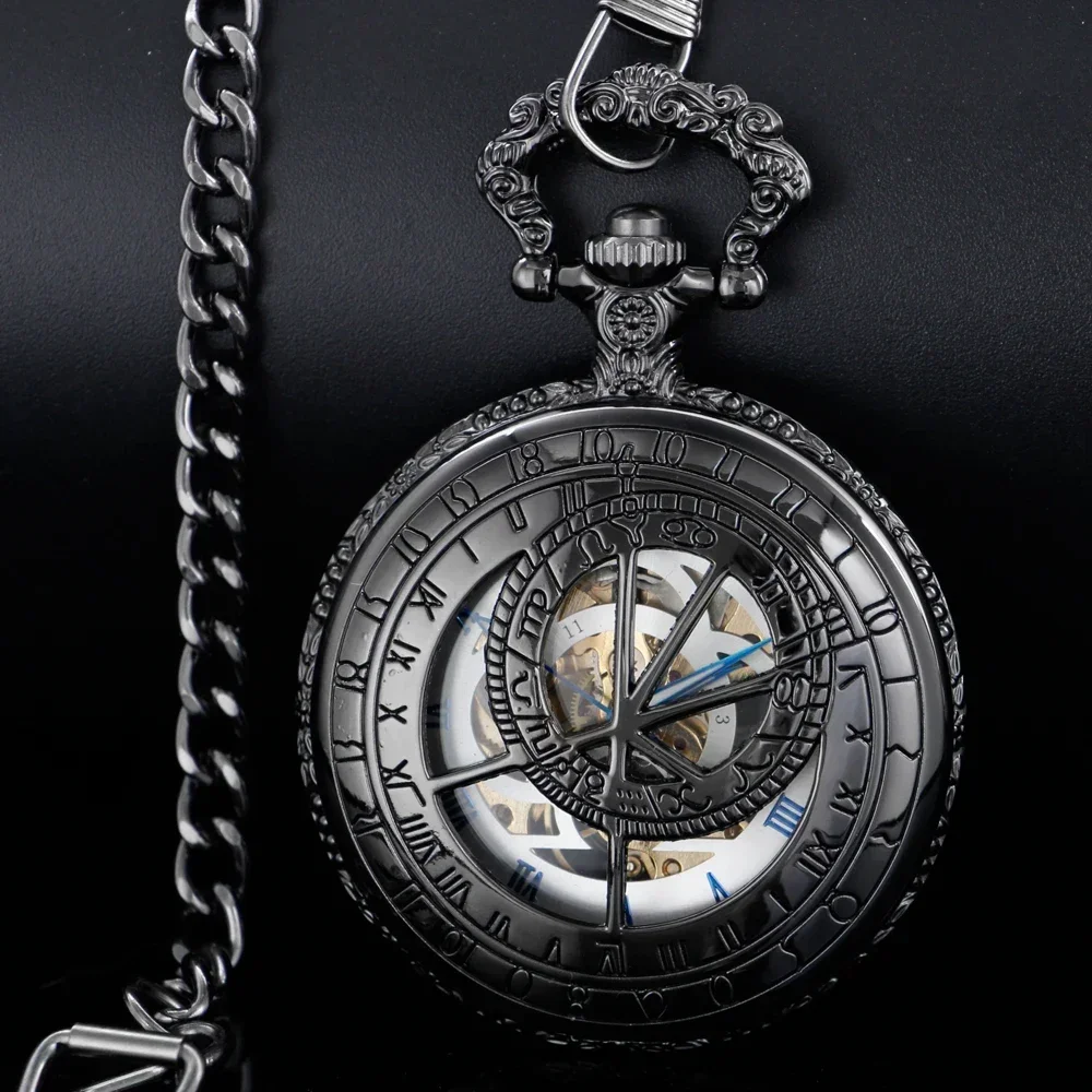 Reloj de bolsillo mecánico de diseño hueco para hombre, cadenas, esfera romana, esqueleto Retro, cuerda a mano, relojes de bolsillo mecánicos