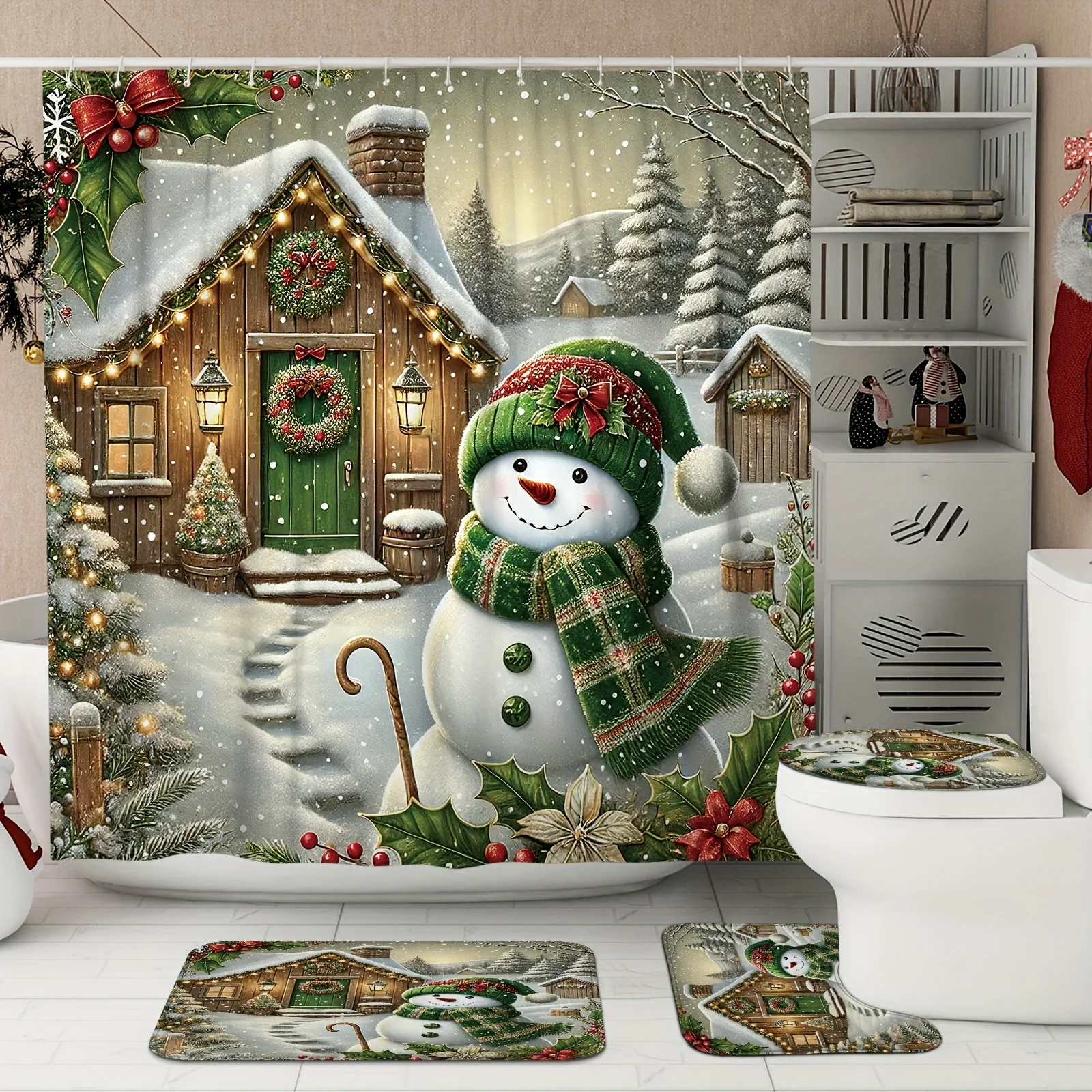 4PCS Christmas Snowman Shower Set ,12 Hooks Non-Slip Mat U-Seat Cover Toilet Lid Cover Holiday Bathroom Decor