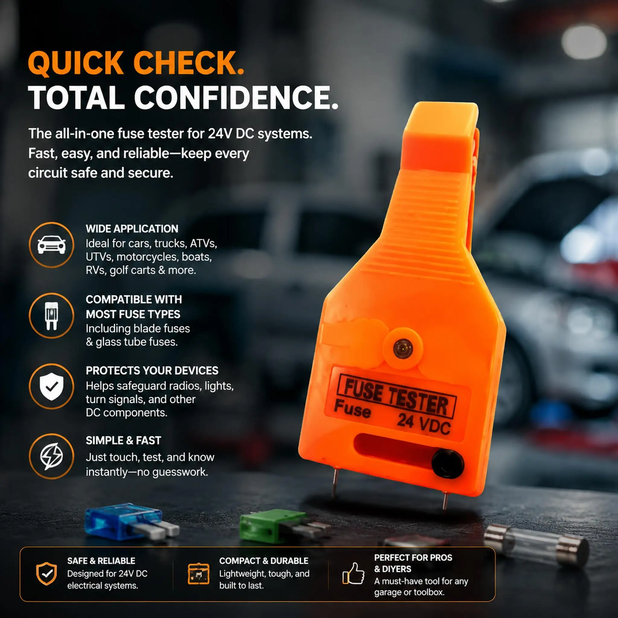 24V DC Car Fuse Tester Puller, Easy Tool to Test, Find & Remove Blown ATO/ATC/ATM Blade and Glass Tube Fuses in Car Fuse Box
