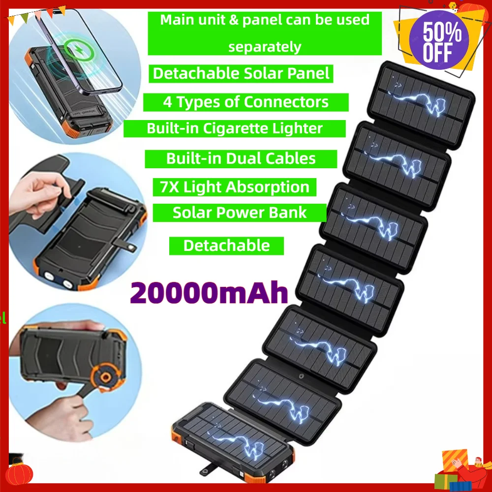 Batería externa solar 20000 mAh plegable con manivela y carga inalámbrica