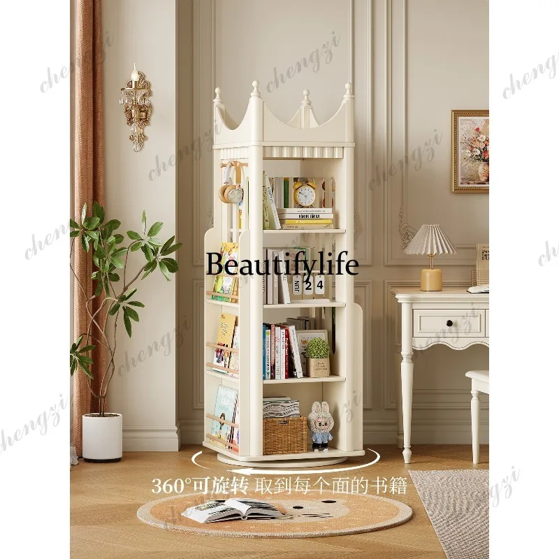 A73 rotating bookshelf household all solid wood floor-to-ceiling bookcase storage living room white shelf