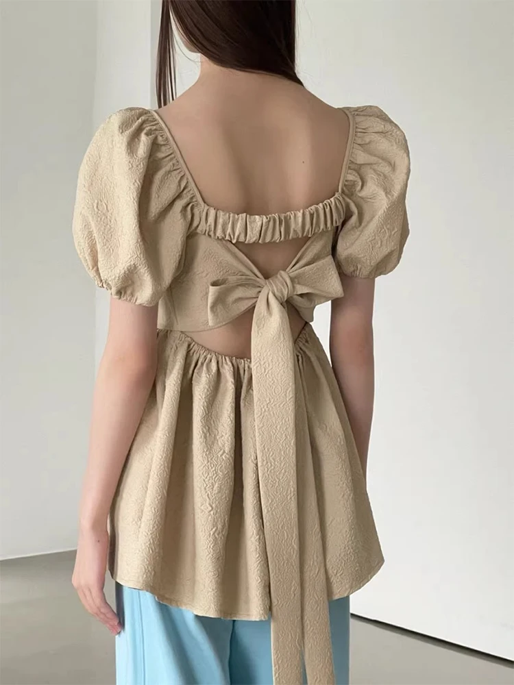 KUSAHIKI Korean Chic Summer French Niche Design Backless Bow Tie Sweet Puff Sleeve Shirt Top 2024 New Sweet Women Blouse