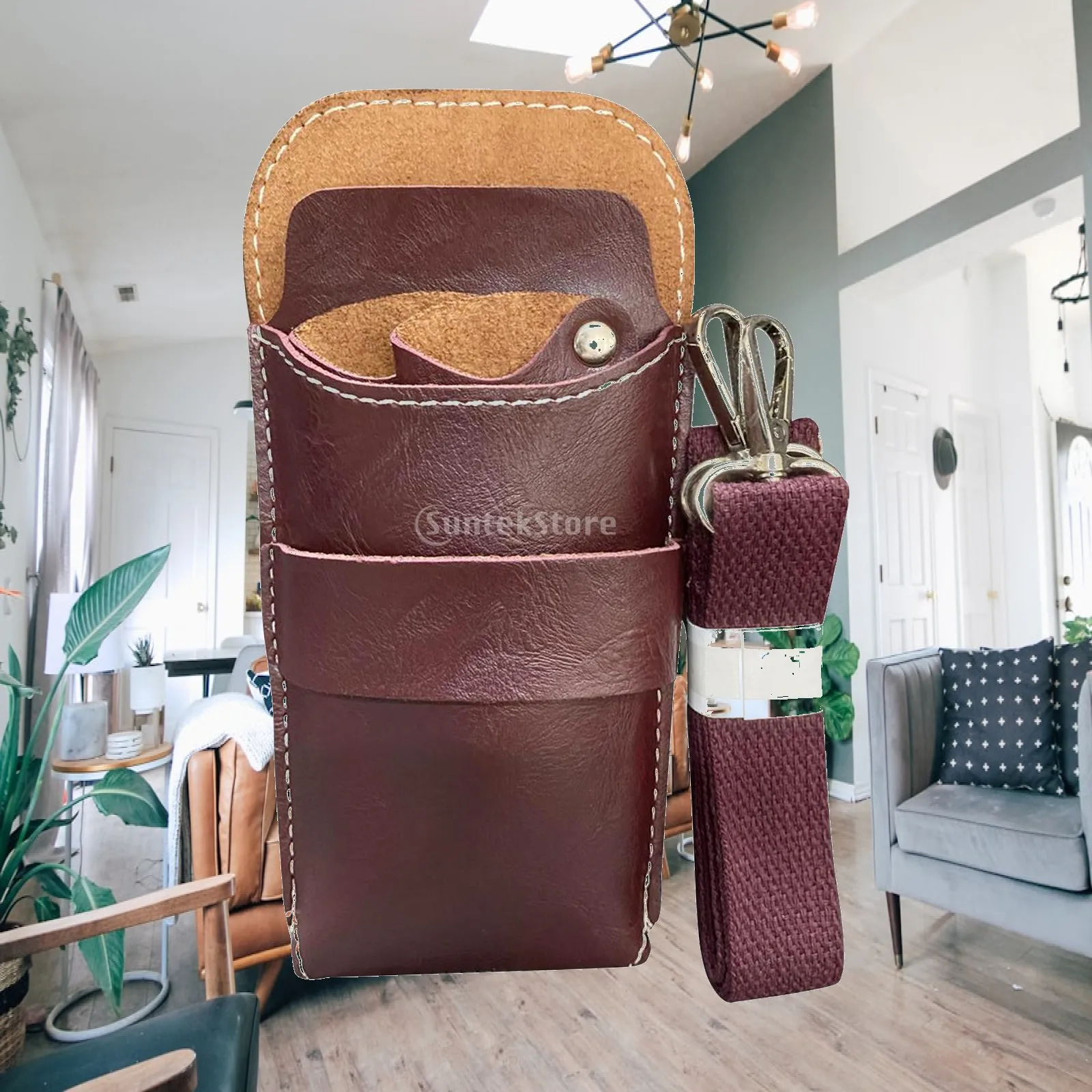 Leather Scissor Holster Salon Waist Pouch Portable Scissors Holder Belt Bag with 2 Pockets for Barber Shop Accessories