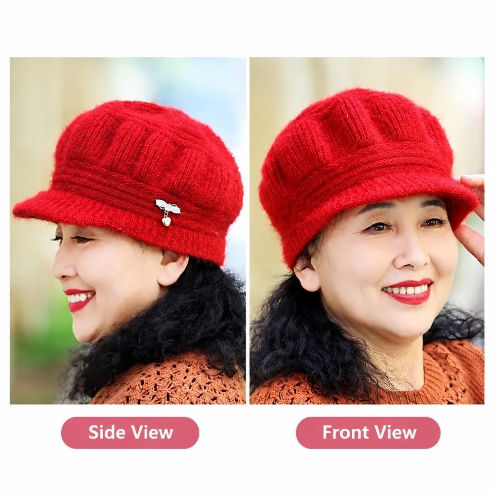 Fashion Thickened Knitted Wool Hat Fleece Lined Keep Warm Pumpkin Beret Hat Windproof Ear Protection Cap for Middle Aged Women