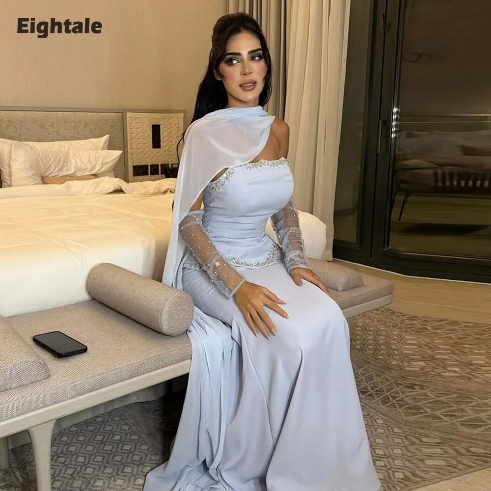 

Eightale Arabic Evening Dress for Wedding Party Strapless Beaded Stretchy Mermaid Customized Prom Gown