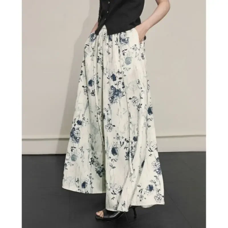 

New Chinese Style Ink Wash Wide Leg Pants for Women's 2024 Summer New Loose Casual and Lazy Style Slimming Skirt Pants