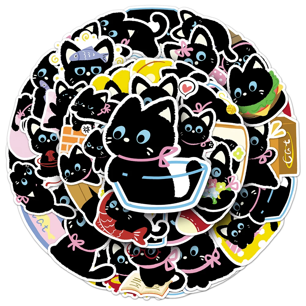 10/30/50pcs Hand-Drawn Cute Cartoon Bow Black Cat Stickers Funny Animal Graffiti Decals for Luggage Phone Car Decoration Sticker